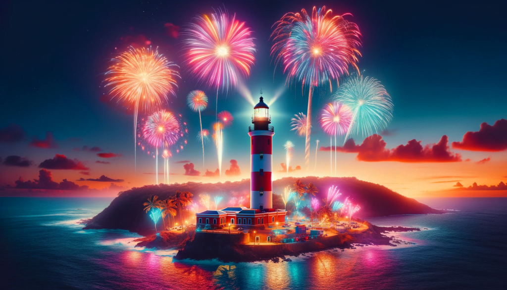 Bienvenidos Al 2024 Con Caborojo Com Innovaci N Comunidad Y Cultura   DALL·E 2024 01 02 17.29.59 A Vibrant And Festive Image Representing New Year Celebrations In Cabo Rojo Puerto Rico. The Scene Includes The Iconic Cabo Rojo Lighthouse Illuminat 1024x585 